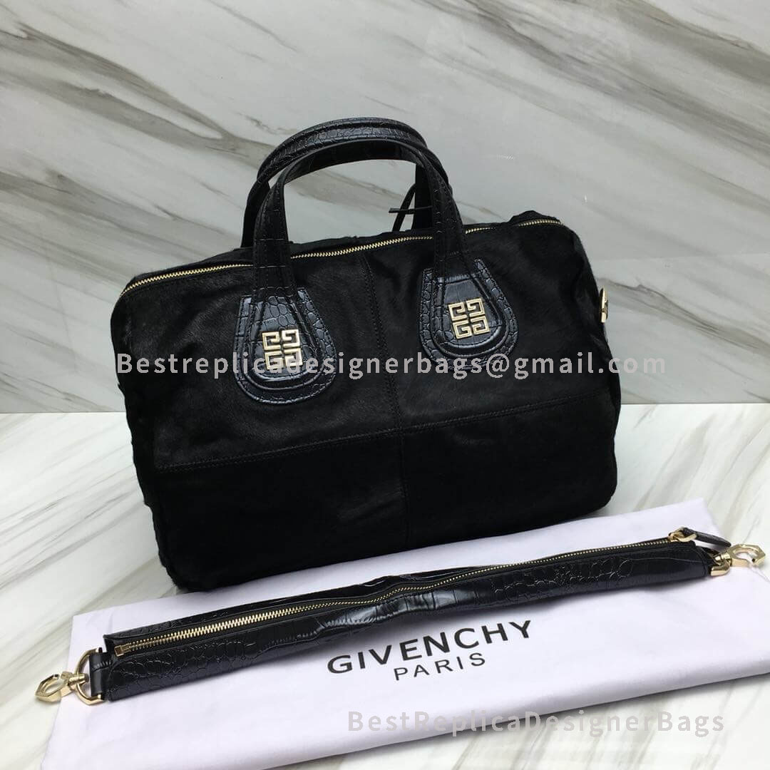 Givenchy Large Nightingale Handbag In Black Crocodile Effect Leather With Horse Hair GHW 29801